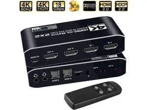 2x2 HDMI Matrix Switch 4K@60Hz HDR10, HDMI 2.0 Video Switcher with Dual SPDIF & Dual 3.5mm Audio Extractor, HDCP 2.2 EDID IR Remote Control 2x2 HDMI Matrix Switch 4K@60Hz HDR10, HDMI 2.0 Video Switcher with Dual SPDIF & Dual 3.5mm Audio Extractor, HDCP 2.2 EDID IR Remote Control