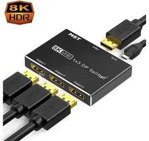 DP 1.4 1 In 3 Out MST SST Splitter Converter, 3-Port Ultra HD DisplayPort Distributor Support 8K@30Hz 4K@120Hz for Multi-Source Multi-Display Expansion DP 1.4 1 In 3 Out MST SST Splitter Converter, 3-Port Ultra HD DisplayPort Distributor Support 8K@30Hz 4K@120Hz for Multi-Source Multi-Display Expansion