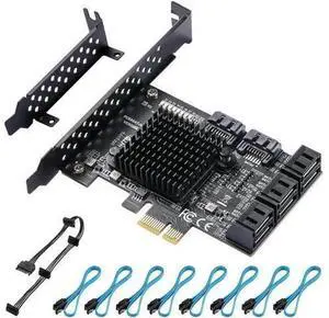 PCIe 3.0 X1 SATA Expansion Card 8 Ports 6Gbps, ASM1064+JMB575 Chipset with 8 SATA Cables, Power Splitter & Low Profile Bracket PCIe 3.0 X1 SATA Expansion Card 8 Ports 6Gbps, ASM1064+JMB575 Chipset with 8 SATA Cables, Power Splitter & Low Profile Bracket