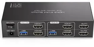 2×2 Dual Monitor HDMI USB 3.0 KVM Switch 4K@60Hz, Support Extended & Mirrored Modes, 4 USB3.0 Ports, DC 12V Power Adapter & Wired Controller Included for 2 PCs 2×2 Dual Monitor HDMI USB 3.0 KVM Switch 4K@60Hz, Support Extended & Mirrored Modes, 4 USB3.0 Ports, DC 12V Power Adapter & Wired Controller Included for 2 PCs