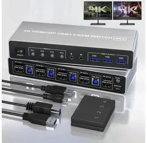 4-In-2-Out Dual Monitor DP+HDMI KVM Switch 4K@60Hz, USB 3.0 KVM Switcher with Audio & Mic Jack, 3 USB 3.0 Ports for 4 PCs Share 2 Displays 4-In-2-Out Dual Monitor DP+HDMI KVM Switch 4K@60Hz, USB 3.0 KVM Switcher with Audio & Mic Jack, 3 USB 3.0 Ports for 4 PCs Share 2 Displays
