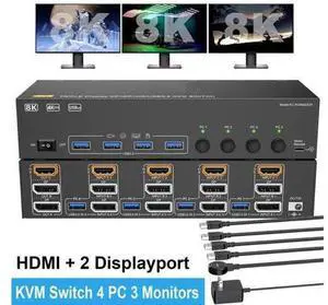 4-Port Triple Monitor KVM Switch (1HDMI+2DP), 8K@60Hz/4K@144Hz, 4 USB3.0, Wired Remote, Power Adapter & USB3.0 Cables for 4 PCs Share 3 Displays 4-Port Triple Monitor KVM Switch (1HDMI+2DP), 8K@60Hz/4K@144Hz, 4 USB3.0, Wired Remote, Power Adapter & USB3.0 Cables for 4 PCs Share 3 Displays