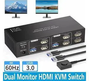 2 Port Dual Monitor HDMI USB 3.0 KVM Switch 4K@60Hz, 2 PCs Share 2 Monitors, Keyboard, Mouse, Printer & Scanner, 4 USB3.0 Ports 2 Port Dual Monitor HDMI USB 3.0 KVM Switch 4K@60Hz, 2 PCs Share 2 Monitors, Keyboard, Mouse, Printer & Scanner, 4 USB3.0 Ports
