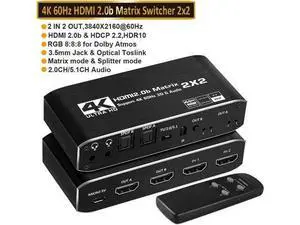 2 in 2 Out 4K@60Hz HDMI 2.0 Matrix Switch with Downscaler & Dual Audio Extractor, 2X2 HDMI Matrix Support HDR10, HDR10+, RGB 4:4:4 HDCP2.2, 2×SPDIF Optical + 2×3.5mm L/R Audio, Dolby Atmos, IR Remote 2 in 2 Out 4K@60Hz HDMI 2.0 Matrix Switch with Downscaler & Dual Audio Extractor, 2X2 HDMI Matrix Support HDR10, HDR10+, RGB 4:4:4 HDCP2.2, 2×SPDIF Optical + 2×3.5mm L/R Audio, Dolby Atmos, IR Remote