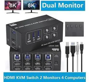 4 Port Dual Monitor 8K HDMI KVM Switch with 3 USB 3.0 Ports, Wired Remote & Power Adapter, Mirror & Extended Display Modes, Compatible with Windows/Vista/XP/Mac OS/Linux for 4 PCs Share 2 Monitors 4 Port Dual Monitor 8K HDMI KVM Switch with 3 USB 3.0 Ports, Wired Remote & Power Adapter, Mirror & Extended Display Modes, Compatible with Windows/Vista/XP/Mac OS/Linux for 4 PCs Share 2 Monitors