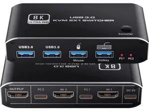2-Port HDMI 2.1 KVM Switch 2 In 1 Out, Support 8K@60Hz & 4K@120Hz, 4 USB3.0 Ports, Hotkey Switching for 2 PCs Sharing One Monitor, Keyboard & Mouse 2-Port HDMI 2.1 KVM Switch 2 In 1 Out, Support 8K@60Hz & 4K@120Hz, 4 USB3.0 Ports, Hotkey Switching for 2 PCs Sharing One Monitor, Keyboard & Mouse
