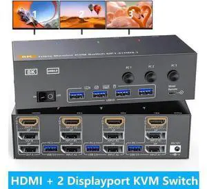3 PCs Triple Monitor 2DP+HDMI Hybrid KVM Switch 8K@60Hz 4K@144Hz USB 3.0, 4 USB 3.0 Ports, Wired Remote, Power Adapter & USB3.0 Cables Included for 3 Hosts Share 3 Displays 3 PCs Triple Monitor 2DP+HDMI Hybrid KVM Switch 8K@60Hz 4K@144Hz USB 3.0, 4 USB 3.0 Ports, Wired Remote, Power Adapter & USB3.0 Cables Included for 3 Hosts Share 3 Displays
