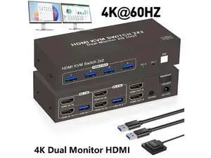 2 Port 2×2 Dual Monitor HDMI USB 3.0 KVM Switch 4K@60Hz, 4 USB Ports, Support Extended & Mirrored Display Modes for 2 PCs 2 Port 2×2 Dual Monitor HDMI USB 3.0 KVM Switch 4K@60Hz, 4 USB Ports, Support Extended & Mirrored Display Modes for 2 PCs