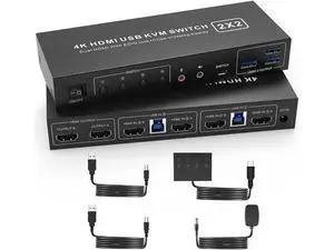 2 Port Dual Monitor HDMI KVM Switch 4K@60Hz USB 3.0, Cross Display Supported, with 3 USB 3.0 Ports & Audio Jack for 2 PCs Share 2 Displays 2 Port Dual Monitor HDMI KVM Switch 4K@60Hz USB 3.0, Cross Display Supported, with 3 USB 3.0 Ports & Audio Jack for 2 PCs Share 2 Displays