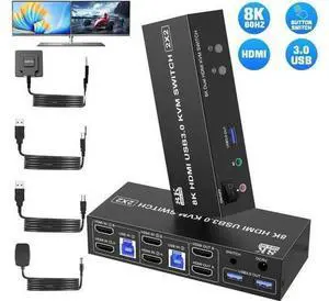 2 Port Dual Monitor HDMI USB3.0 KVM Switch 8K@60Hz, With Audio & Mic, 3 USB3.0 Ports for 2 PCs 2 Port Dual Monitor HDMI USB3.0 KVM Switch 8K@60Hz, With Audio & Mic, 3 USB3.0 Ports for 2 PCs