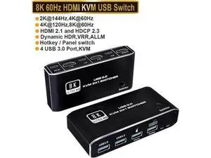 2x1 HDMI 2.1 8K KVM Switch with 4 USB 3.0 Ports, 2 PCs Share Single Monitor, Support 8K@60Hz, 4K@120Hz, YUV 4:4:4, HDCP 2.3, HDR10 & Hotkey Switching 2x1 HDMI 2.1 8K KVM Switch with 4 USB 3.0 Ports, 2 PCs Share Single Monitor, Support 8K@60Hz, 4K@120Hz, YUV 4:4:4, HDCP 2.3, HDR10 & Hotkey Switching