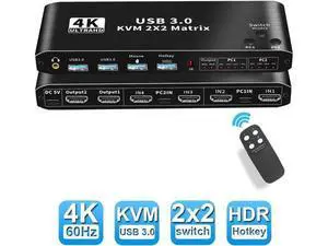 2x2 HDMI Matrix KVM Switch 4K@60Hz RGB 4:4:4, 2 PCs Share 2 Monitors Keyboard Mouse 2 USB3.0 Ports, Audio Port, One-Touch & Hotkey Switch 2x2 HDMI Matrix KVM Switch 4K@60Hz RGB 4:4:4, 2 PCs Share 2 Monitors Keyboard Mouse 2 USB3.0 Ports, Audio Port, One-Touch & Hotkey Switch
