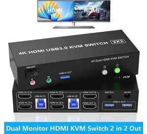 2 Port Dual Monitor HDMI KVM Switch 4K@60Hz USB 3.0, Built-in EDID Emulator, Audio & Mic Jack, 3 USB 3.0 Ports for 2 PCs Share Dual Displays 2 Port Dual Monitor HDMI KVM Switch 4K@60Hz USB 3.0, Built-in EDID Emulator, Audio & Mic Jack, 3 USB 3.0 Ports for 2 PCs Share Dual Displays