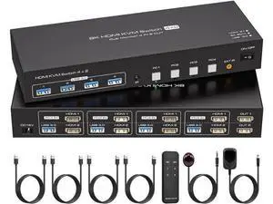 4 Port Dual HDMI KVM Switch, 8K@60Hz 4K@120Hz USB3.0 KVM Switcher with Remote & Power Adapter for 4 PCs Share 2 Monitors & 4 USB 3.0 Devices, Support Mirror & Extend Display 4 Port Dual HDMI KVM Switch, 8K@60Hz 4K@120Hz USB3.0 KVM Switcher with Remote & Power Adapter for 4 PCs Share 2 Monitors & 4 USB 3.0 Devices, Support Mirror & Extend Display