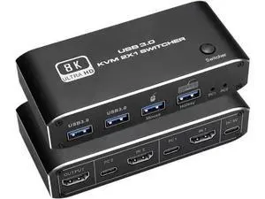 2x1 HDMI2.1 8K KVM Switch, 4 USB3.0 Ports, 2 PCs Share 1 Monitor, Support 8K@60Hz,4K@120Hz,YUV4:4:4,HDCP2.3,HDR10,Keyboard Hotkey, Dark Metal Housing 2x1 HDMI2.1 8K KVM Switch, 4 USB3.0 Ports, 2 PCs Share 1 Monitor, Support 8K@60Hz,4K@120Hz,YUV4:4:4,HDCP2.3,HDR10,Keyboard Hotkey, Dark Metal Housing