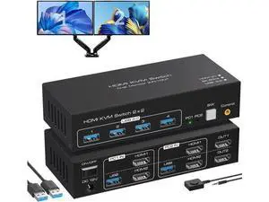 2-Port Dual HDMI KVM Switch, 8K@60Hz 4K@120Hz, 4 USB3.0 Ports, Desktop Controller 2-Port Dual HDMI KVM Switch, 8K@60Hz 4K@120Hz, 4 USB3.0 Ports, Desktop Controller