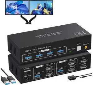 2-Port Dual HDMI KVM Switch 2 In 2 Out, 8K@60Hz 4K@120Hz, 4 USB3.0 Ports 2-Port Dual HDMI KVM Switch 2 In 2 Out, 8K@60Hz 4K@120Hz, 4 USB3.0 Ports