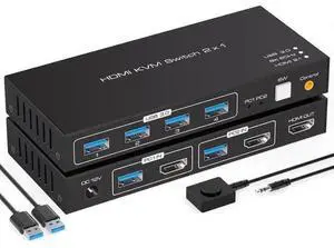 2-Port HDMI 2.1 KVM Switch, Support 8K@60Hz & 4K@120Hz, 4-Port USB 3.0 Hub, 2 PCs Share One Monitor, External Desktop Controller & 2 USB Cables Included 2-Port HDMI 2.1 KVM Switch, Support 8K@60Hz & 4K@120Hz, 4-Port USB 3.0 Hub, 2 PCs Share One Monitor, External Desktop Controller & 2 USB Cables Included