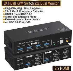 2x2 Dual Monitor HDMI KVM Switch 8K@60Hz 4K@120Hz, 2 Port HDMI KVM Switcher with 4 USB 3.0 Ports for 2 PCs Share Two Displays, Compatible with Windows MacOS Linux Unix 2x2 Dual Monitor HDMI KVM Switch 8K@60Hz 4K@120Hz, 2 Port HDMI KVM Switcher with 4 USB 3.0 Ports for 2 PCs Share Two Displays, Compatible with Windows MacOS Linux Unix
