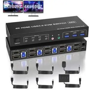 4 Port Dual Monitor HDMI KVM Switch 4K@60Hz EDID Adaptive, 4 PCs Share 2 Screens, 3 USB 3.0 & Audio Mic Port 4 Port Dual Monitor HDMI KVM Switch 4K@60Hz EDID Adaptive, 4 PCs Share 2 Screens, 3 USB 3.0 & Audio Mic Port