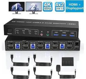 4 Port Dual Monitor DP+HDMI Hybrid KVM Switch 4K@60Hz USB 3.0, Audio & Mic Jack, 3 USB 3.0 Ports for 4 PCs Share 2 Displays 4 Port Dual Monitor DP+HDMI Hybrid KVM Switch 4K@60Hz USB 3.0, Audio & Mic Jack, 3 USB 3.0 Ports for 4 PCs Share 2 Displays