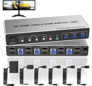 4 Port 4-In-2-Out Dual Monitor HDMI USB3.0 KVM Switch 4K@60Hz, EDID Emulation, Audio & Mic, 3 USB3.0 Ports for 4 PCs 2 Monitors 4 Port 4-In-2-Out Dual Monitor HDMI USB3.0 KVM Switch 4K@60Hz, EDID Emulation, Audio & Mic, 3 USB3.0 Ports for 4 PCs 2 Monitors