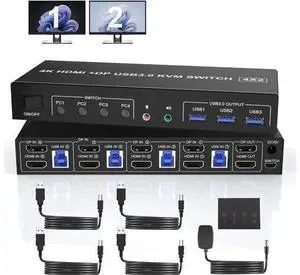 4-Port Hybrid DP+HDMI Dual Monitor USB3.0 KVM Switch 4K@60Hz, 4 PCs Share 2 Displays, Built-in Audio, Mic & 3 USB3.0 Ports 4-Port Hybrid DP+HDMI Dual Monitor USB3.0 KVM Switch 4K@60Hz, 4 PCs Share 2 Displays, Built-in Audio, Mic & 3 USB3.0 Ports