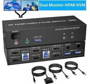 2 Port Dual HDMI USB 3.0 KVM Switch, 4K@60Hz KVM Switcher with Audio & Mic, 3 USB 3.0 Ports for 2 PCs Share 2 Monitors Keyboard Mouse, Support Extended Display 2 Port Dual HDMI USB 3.0 KVM Switch, 4K@60Hz KVM Switcher with Audio & Mic, 3 USB 3.0 Ports for 2 PCs Share 2 Monitors Keyboard Mouse, Support Extended Display