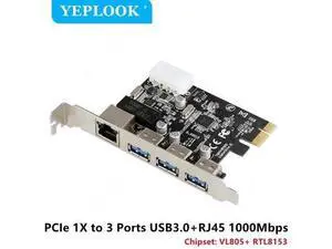 PCIe x1 Combo Expansion Card, 3-Port USB3.0 + Gigabit RJ45 LAN Adapter with 4Pin Power Connector for Desktop PC PCIe x1 Combo Expansion Card, 3-Port USB3.0 + Gigabit RJ45 LAN Adapter with 4Pin Power Connector for Desktop PC