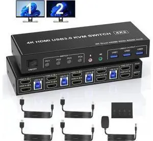 4-Port Dual HDMI KVM Switch 4K@60Hz, USB3.0, EDID Emulation, Audio & Mic, 3 USB Ports 4-Port Dual HDMI KVM Switch 4K@60Hz, USB3.0, EDID Emulation, Audio & Mic, 3 USB Ports