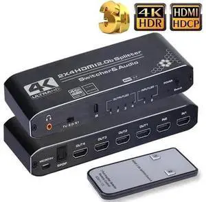 2×4 HDMI 2.0b Matrix Switch with Audio Extractor & IR Remote, 4K@60Hz HDR RGB4:4:4 Video Splitter, SPDIF Optical + 3.5mm Stereo Audio Output HDCP2.2 2×4 HDMI 2.0b Matrix Switch with Audio Extractor & IR Remote, 4K@60Hz HDR RGB4:4:4 Video Splitter, SPDIF Optical + 3.5mm Stereo Audio Output HDCP2.2