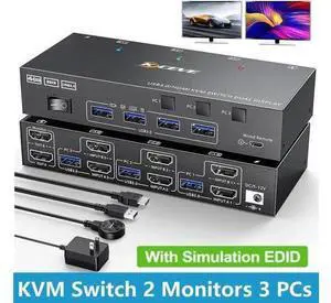 3 Port Dual HDMI USB 3.0 KVM Switch 3 In 2 Out, 4K@60Hz 2K@144Hz KVM Switcher with EDID Emulation, 4 USB3.0 Ports for 3 PCs Share 2 Monitors Keyboard Mouse Printer 3 Port Dual HDMI USB 3.0 KVM Switch 3 In 2 Out, 4K@60Hz 2K@144Hz KVM Switcher with EDID Emulation, 4 USB3.0 Ports for 3 PCs Share 2 Monitors Keyboard Mouse Printer