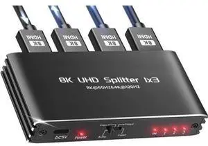 Powered 1 in 3 Out HDMI 2.1 Splitter 1x3 Mirror Duplicate Adapter 8K@60Hz 4K@120Hz Single Source to Three Identical Displays Powered 1 in 3 Out HDMI 2.1 Splitter 1x3 Mirror Duplicate Adapter 8K@60Hz 4K@120Hz Single Source to Three Identical Displays