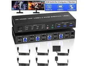 4 Port Dual Monitor DP+HDMI Hybrid KVM Switch 4K@60Hz USB 3.0, Audio & Mic Jack, 3 USB 3.0 Ports for 4 PCs Share 2 Displays, Keyboard & Headsets 4 Port Dual Monitor DP+HDMI Hybrid KVM Switch 4K@60Hz USB 3.0, Audio & Mic Jack, 3 USB 3.0 Ports for 4 PCs Share 2 Displays, Keyboard & Headsets
