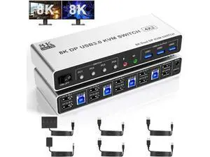 4-Port DP1.4 Dual Monitor USB3.0 KVM Switch 8K@60Hz, With Audio & Mic, 3 USB3.0 Ports for 4 PCs 4-Port DP1.4 Dual Monitor USB3.0 KVM Switch 8K@60Hz, With Audio & Mic, 3 USB3.0 Ports for 4 PCs