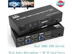 2 Port Dual Monitor HDMI KVM Switch 2 In 2 Out, 8K@60Hz 4K@120Hz USB3.0 KVM Switcher with Audio Mic, SD & TF Card Slots for 2 PCs Share 2 Monitors and 4 USB Devices 2 Port Dual Monitor HDMI KVM Switch 2 In 2 Out, 8K@60Hz 4K@120Hz USB3.0 KVM Switcher with Audio Mic, SD & TF Card Slots for 2 PCs Share 2 Monitors and 4 USB Devices