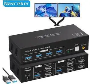 2 Port Dual Monitor HDMI 2.1 KVM Switch, 8K@60Hz 4K@120Hz, USB 3.0 for 2 PCs Share 2 Displays 2 Port Dual Monitor HDMI 2.1 KVM Switch, 8K@60Hz 4K@120Hz, USB 3.0 for 2 PCs Share 2 Displays