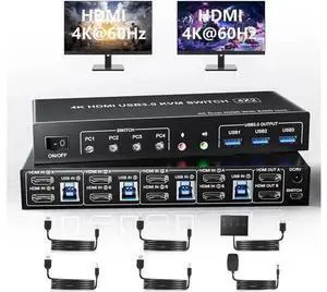 4 In 2 Out Dual Monitor HDMI KVM Switch 4K@60Hz USB 3.0, Built-in EDID Emulator, 3 USB 3.0 Ports & Audio Mic Jack for 4 PCs Share Dual Displays 4 In 2 Out Dual Monitor HDMI KVM Switch 4K@60Hz USB 3.0, Built-in EDID Emulator, 3 USB 3.0 Ports & Audio Mic Jack for 4 PCs Share Dual Displays