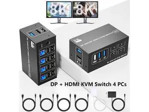 4 Port Dual Monitor DP1.4 & HDMI2.1 Hybrid KVM Switch 8K@60Hz USB3.0 5Gbps, 4 USB Sharing Ports for 4 PCs Share 2 Displays 4 Port Dual Monitor DP1.4 & HDMI2.1 Hybrid KVM Switch 8K@60Hz USB3.0 5Gbps, 4 USB Sharing Ports for 4 PCs Share 2 Displays