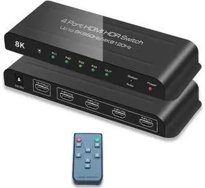 Upgraded 4 in 1 Out HDMI 2.1 Auto Switch 8K@60Hz 4K@120Hz with Remote & US Power Adapter, 48Gbps Bandwidth HDMI Switcher Supports HDR10+, HDCP 2.3, Dolby Vision, Dolby Atmos, CEC Function Upgraded 4 in 1 Out HDMI 2.1 Auto Switch 8K@60Hz 4K@120Hz with Remote & US Power Adapter, 48Gbps Bandwidth HDMI Switcher Supports HDR10+, HDCP 2.3, Dolby Vision, Dolby Atmos, CEC Function
