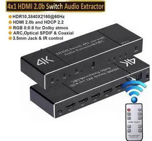 4 in 1 Out HDMI 2.0 Switch with Audio Extractor & IR Remote, Model OZQ7, 4K@60Hz HDMI Selector Support Optical Toslink, Coaxial & 3.5mm AUX Audio, ARC, 3D, 1080P@120Hz HDCP2.2 for PS4, PC, DVD Player, 4 in 1 Out HDMI 2.0 Switch with Audio Extractor & IR Remote, Model OZQ7, 4K@60Hz HDMI Selector Support Optical Toslink, Coaxial & 3.5mm AUX Audio, ARC, 3D, 1080P@120Hz HDCP2.2 for PS4, PC, DVD Player,