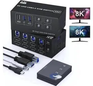 4-Port Dual HDMI KVM Switch 4 In 2 Out, 8K@60Hz 4K@120Hz, 4 USB Ports 4-Port Dual HDMI KVM Switch 4 In 2 Out, 8K@60Hz 4K@120Hz, 4 USB Ports
