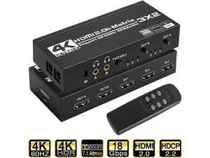 3x2 HDMI Matrix Switch 4K@60Hz HDR10, HDMI 2.0 Video Switcher with Dual SPDIF & Dual 3.5mm L/R Audio Extractor, HDCP 2.2 EDID IR Remote Control Model OZJ5 3x2 HDMI Matrix Switch 4K@60Hz HDR10, HDMI 2.0 Video Switcher with Dual SPDIF & Dual 3.5mm L/R Audio Extractor, HDCP 2.2 EDID IR Remote Control Model OZJ5