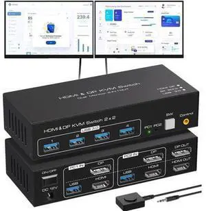2x2 Dual Monitor DP+HDMI KVM Switch 8K@60Hz 4K@120Hz, USB 3.0 KVM Switcher with 4 USB 3.0 Ports, Mirror & Extended Display Modes for 2 PCs Share 2 Displays 2x2 Dual Monitor DP+HDMI KVM Switch 8K@60Hz 4K@120Hz, USB 3.0 KVM Switcher with 4 USB 3.0 Ports, Mirror & Extended Display Modes for 2 PCs Share 2 Displays
