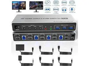 4 Port Dual HDMI KVM Switch 4 In 2 Out, USB3.0 4K@60Hz Dual Monitor KVM Switcher with EDID Emulation, Audio Mic & 3 USB 3.0 Ports for 4 PCs Share Two Displays 4 Port Dual HDMI KVM Switch 4 In 2 Out, USB3.0 4K@60Hz Dual Monitor KVM Switcher with EDID Emulation, Audio Mic & 3 USB 3.0 Ports for 4 PCs Share Two Displays