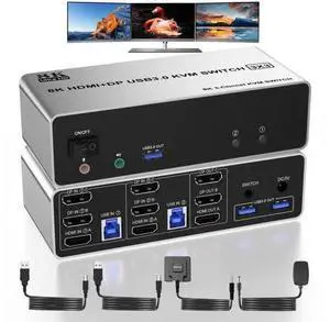 2 PCs 3 Monitors KVM Switch, 8K@60Hz HDMI + Dual DP, 3 USB3.0 Ports with Audio & Mic 2 PCs 3 Monitors KVM Switch, 8K@60Hz HDMI + Dual DP, 3 USB3.0 Ports with Audio & Mic