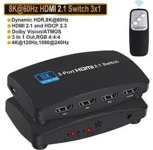 3 in 1 Out HDMI 2.1 Switch 8K@60Hz 4K@120Hz with IR Remote, 3-Port 48Gbps HDMI Selector, Support HDCP 2.3, VRR, HDR, Dolby Vision, Compatible with QLED TV, PS5, Xbox, Fire Stick, Roku, Blu-Ray Player, 3 in 1 Out HDMI 2.1 Switch 8K@60Hz 4K@120Hz with IR Remote, 3-Port 48Gbps HDMI Selector, Support HDCP 2.3, VRR, HDR, Dolby Vision, Compatible with QLED TV, PS5, Xbox, Fire Stick, Roku, Blu-Ray Player,