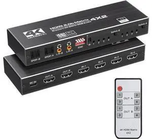 4X2 HDMI 2.0 Matrix Switch with IR Remote, Model OZJ1-1, 4 In 2 Out 4K@60Hz Matrix Switcher with Audio Extractor, Dual SPDIF + Dual 3.5mm L/R Audio, Support EDID, HDCP2.2, HDR10 for 4K TV, Monitor, Ga 4X2 HDMI 2.0 Matrix Switch with IR Remote, Model OZJ1-1, 4 In 2 Out 4K@60Hz Matrix Switcher with Audio Extractor, Dual SPDIF + Dual 3.5mm L/R Audio, Support EDID, HDCP2.2, HDR10 for 4K TV, Monitor, Ga