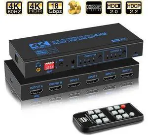 4 In 2 Out HDMI 2.0 Matrix Switch Model OZJ2-1 with IR Remote, ARC & SPDIF Audio Extractor EDID Management 4K HD Video Splitter 4 In 2 Out HDMI 2.0 Matrix Switch Model OZJ2-1 with IR Remote, ARC & SPDIF Audio Extractor EDID Management 4K HD Video Splitter
