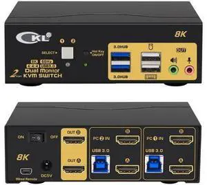CKL 2 Port Dual Monitor HDMI 2.1 KVM Switch, 8K@60Hz 4K@144Hz USB3.0 KVM Switcher with Audio Mic EDID Hotkey Remote for 2 Computers Share 2 Monitors CKL 2 Port Dual Monitor HDMI 2.1 KVM Switch, 8K@60Hz 4K@144Hz USB3.0 KVM Switcher with Audio Mic EDID Hotkey Remote for 2 Computers Share 2 Monitors